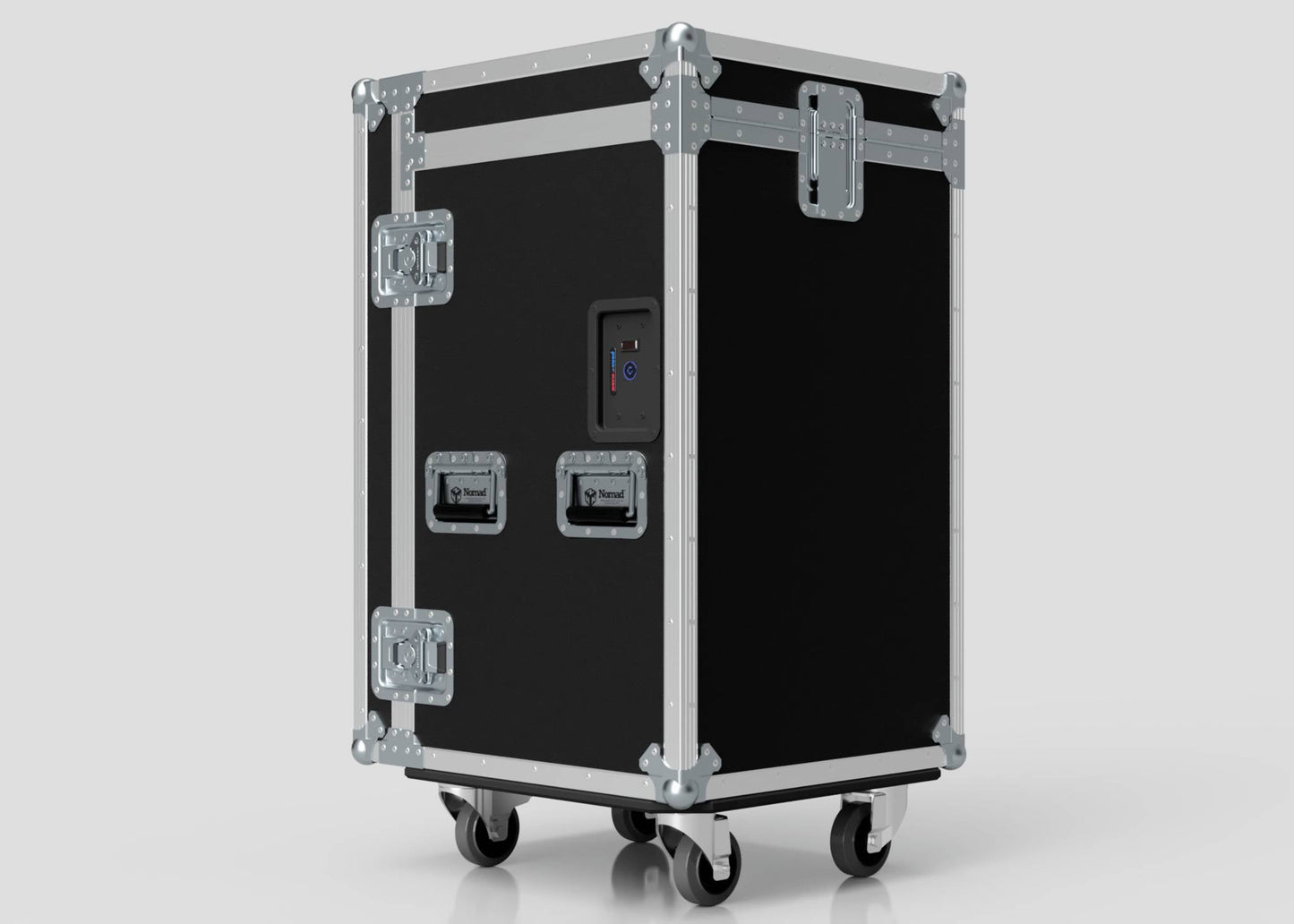 The TM TV Drawer Case is a black, hard-sided equipment case with metal edges, handles, and four caster wheels for easy transport. Shown on a plain light background.
