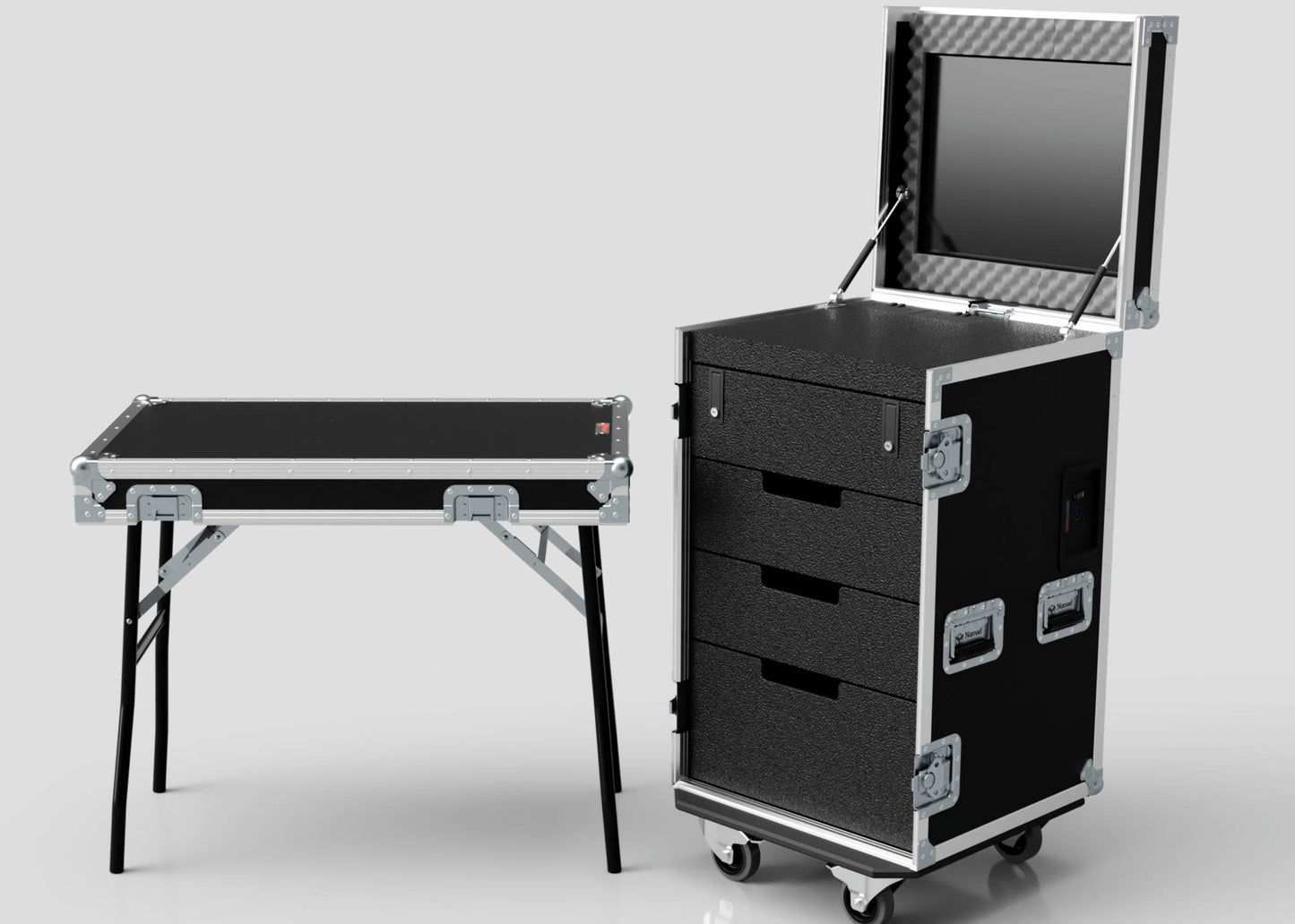 The TM TV Drawer Case, in black with drawers, wheels, and a fold-out monitor, stands beside a portable trestle table against a plain background. It features convenient side attaching and versatile external dimensions for transport.