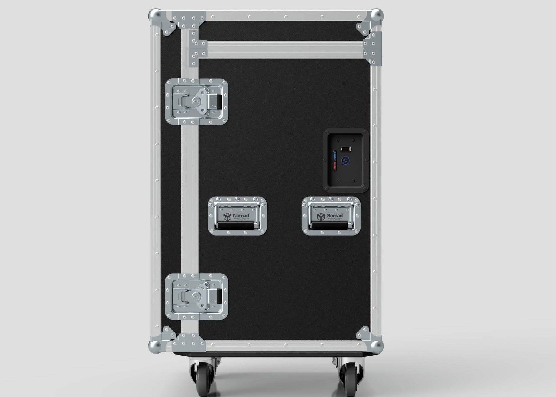 The TM TV Drawer Case is a black and silver wheeled flight case with three metal handles, reinforced corners, latches, and side attaching points—ideal for transporting a trestle table. Set against a plain light background.