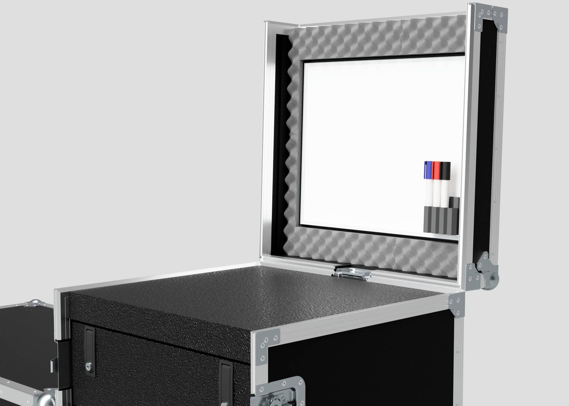 The TM Whiteboard Drawer Case features a foam-lined lid, built-in whiteboard, and four markers in a holder—perfect for side attachment to a trestle table. Its compact external dimensions allow for easy transport.
