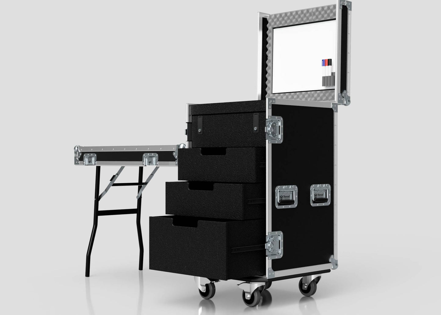 The TM Whiteboard Drawer Case is a black rolling case with metal edges and handles, featuring three drawers, a mirror with lights, makeup storage, a side trestle table, and compact dimensions ideal for beauty professionals on the go.