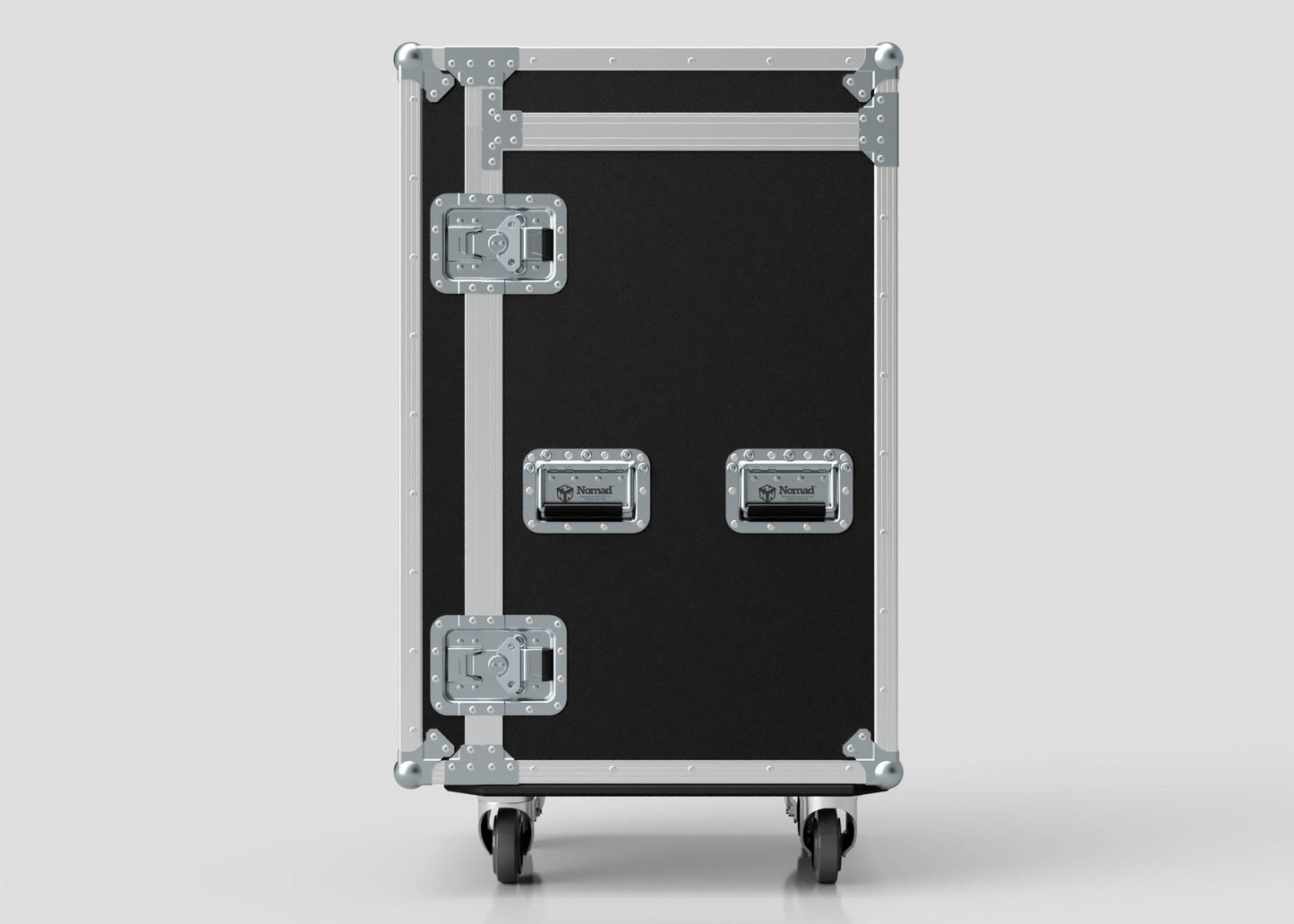 The TM Whiteboard Drawer Case is a black rectangular equipment case with metal reinforcements, two handles, caster wheels, side attaching features for trestle table compatibility, and optimized external dimensions, shown on a plain light gray background.