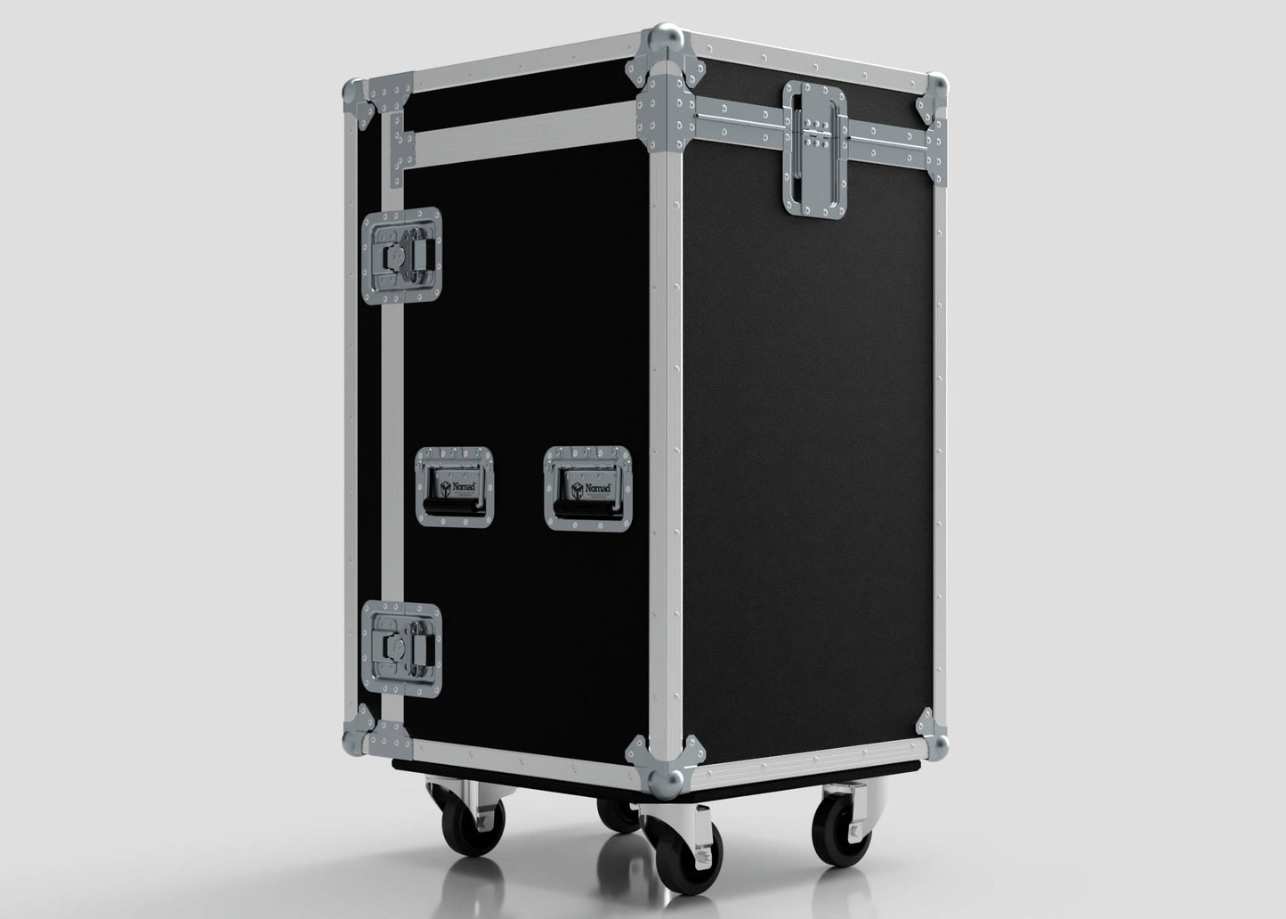 The TM Whiteboard Drawer Case, a large black case with metal reinforcements, handles, and four caster wheels, stands upright and showcases its sturdy external dimensions against a plain background.