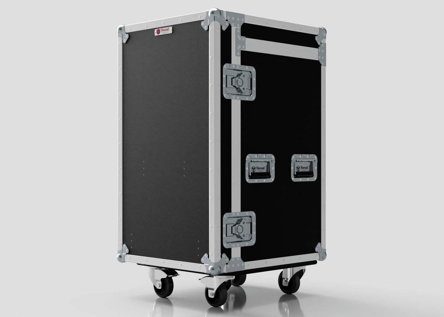 The Nomad Cases TM Whiteboard Drawer Case, in black and silver with metal reinforcement, handles, and caster wheels, stands upright against a plain background—ideal for side mounting to a trestle table or easy transport.