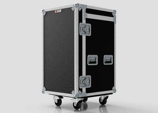 The Nomad Cases TM Whiteboard Drawer Case, in black and silver with metal reinforcement, handles, and caster wheels, stands upright against a plain background—ideal for side mounting to a trestle table or easy transport.