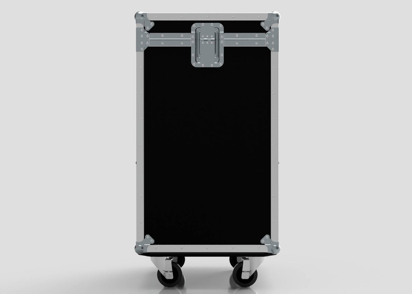 The TM Whiteboard Drawer Case is a black equipment road case with metal edges, corners, and four caster wheels, designed to stand upright and easily attach to a trestle table, making it ideal for versatile setups.