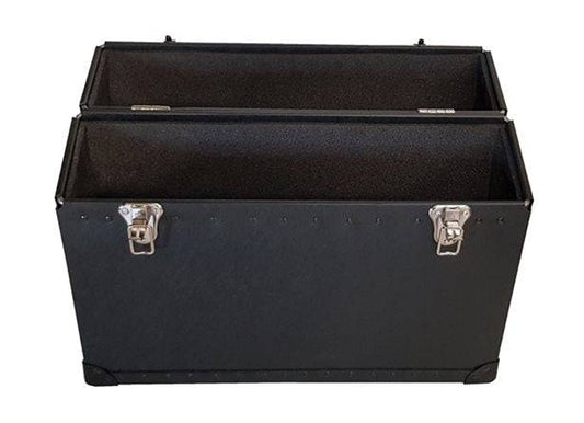 The Top Opening Presentation Case is a black, rectangular storage case with two silver latches and an open hinged lid that reveals two interior compartments.