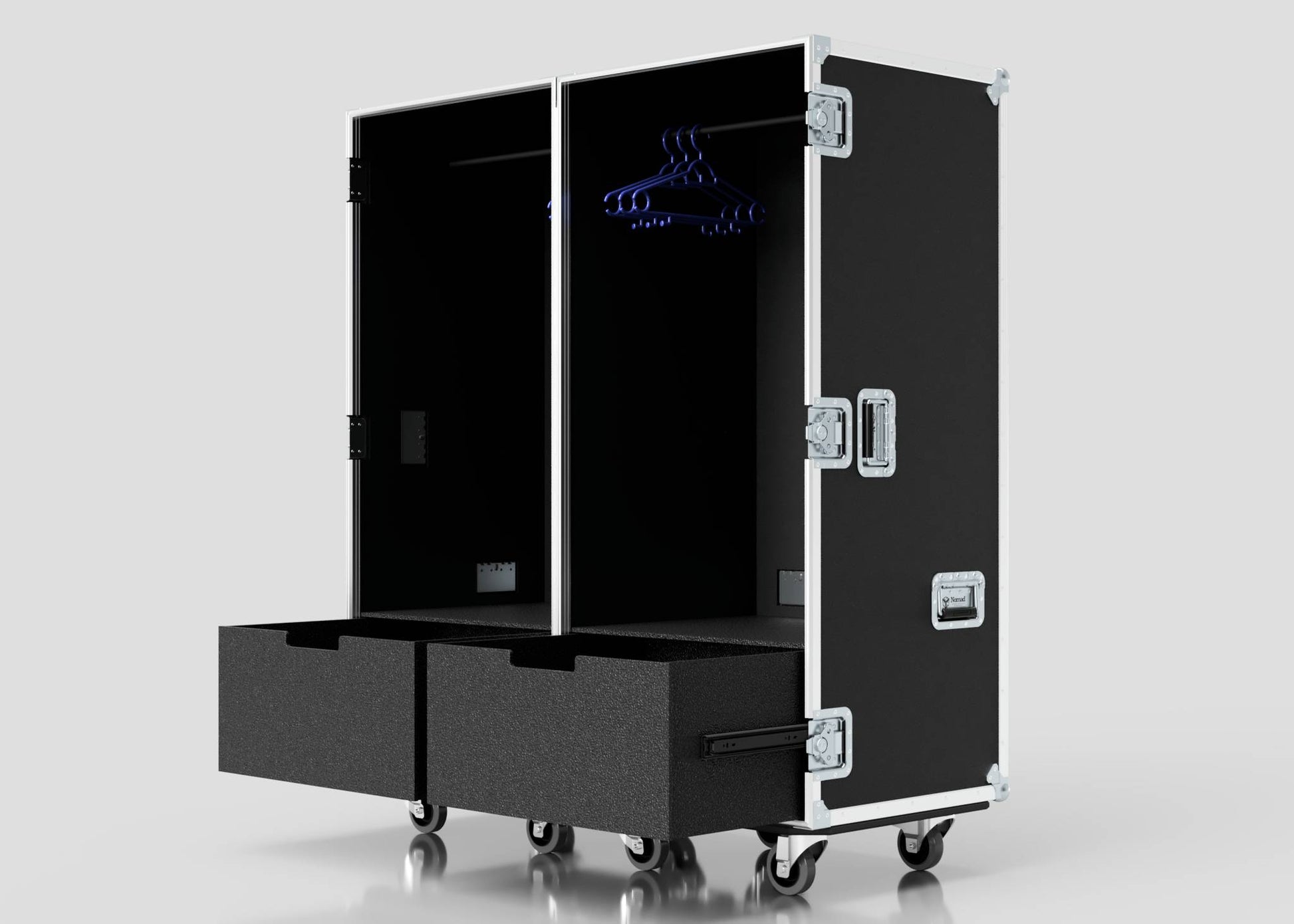 The Touring Wardrobe Case with Shoe Drawers is a black, wheeled storage trunk featuring two open sections, hanging hooks with blue hangers, two bottom drawers, and external dimensions of 1179 x 680 x 1569 mm.