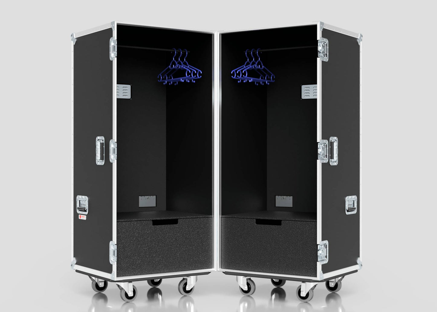 Two black Touring Wardrobe Cases with wheels, hanging rods, blue hangers, lower shoe drawers, and side metal handles. Each measures 1179 x 680 x 1569 mm.
