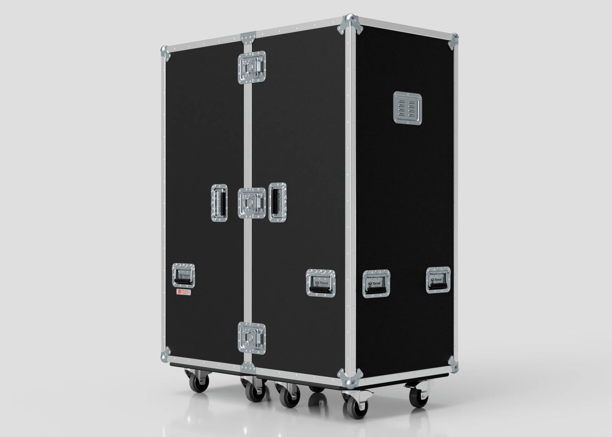 A Touring Wardrobe Case with Shoe Drawers, black with metal edges and handles, lockable latches, six caster wheels, and external dimensions of 1179 x 680 x 1569 mm, shown against a plain light background.