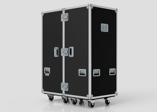 A Touring Wardrobe Case with Shoe Drawers, black with metal edges and handles, lockable latches, six caster wheels, and external dimensions of 1179 x 680 x 1569 mm, shown against a plain light background.