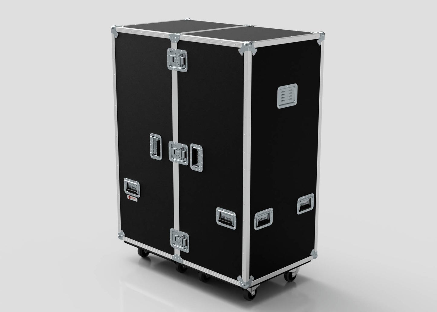 The Touring Wardrobe Case with Shoe Drawers is a large black flight case featuring metal edges, handles, latches, and caster wheels. Shown against a plain background. External dimensions: 1179 x 680 x 1569 mm.