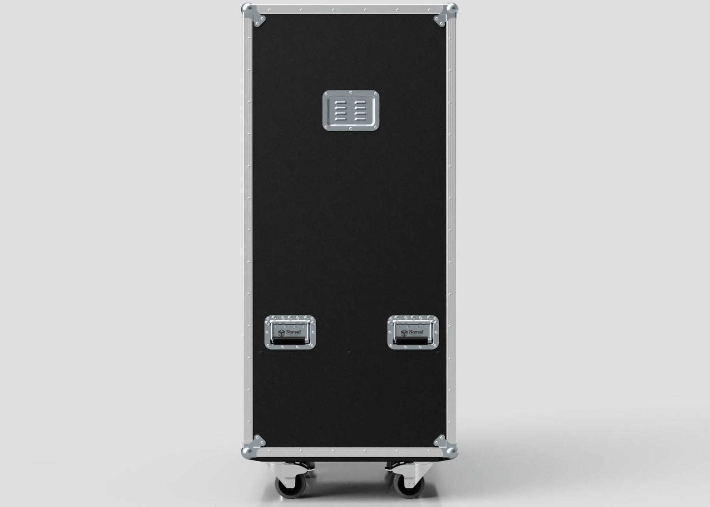 The Touring Wardrobe Case with Shoe Drawers is a tall black case with metal corners and two handles on the lower front, upright on wheels against a plain background, with external dimensions of 1179 x 680 x 1569 mm.