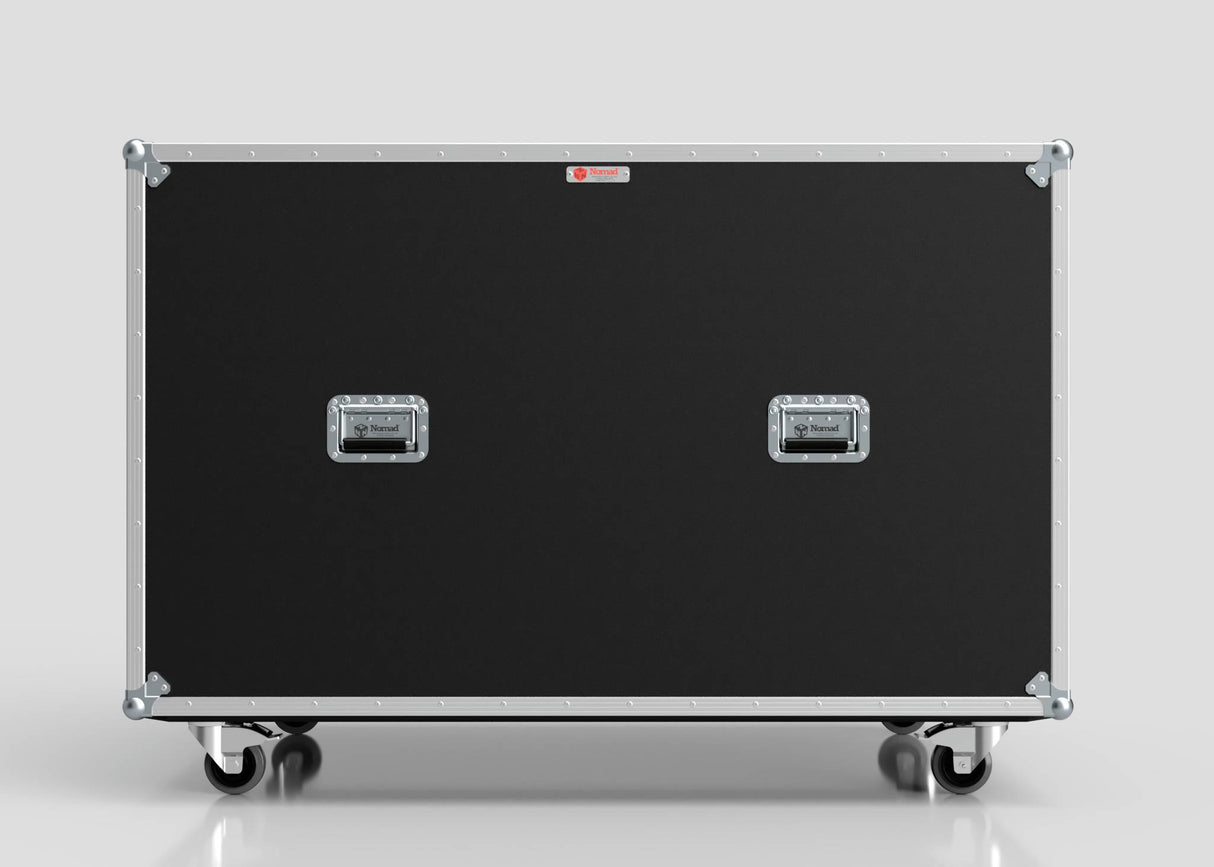 A Washing Machine And Tumble Dryer Case, large and black with metal edges, two handles, and four caster wheels (1512 x 1062 x 1067 mm), is shown against a plain light gray background.