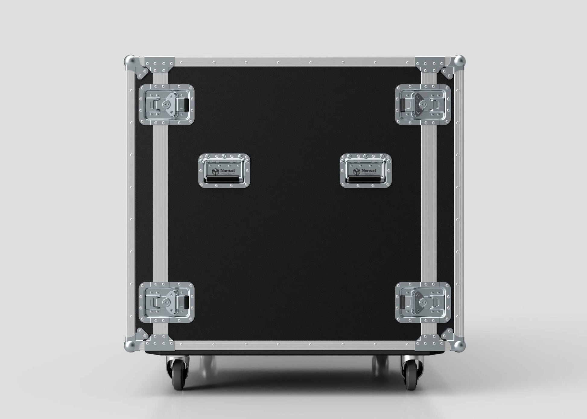 A Washing Machine And Tumble Dryer Case, black and rectangular with metal corners, handles, and latches, measures 1512 x 1062 x 1067 mm and stands on four caster wheels against a plain, light background.