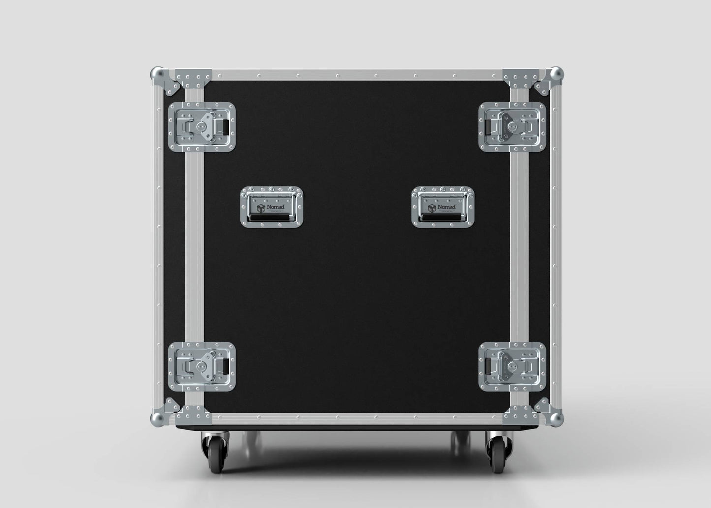 A Washing Machine And Tumble Dryer Case, black and rectangular with metal corners, handles, and latches, measures 1512 x 1062 x 1067 mm and stands on four caster wheels against a plain, light background.