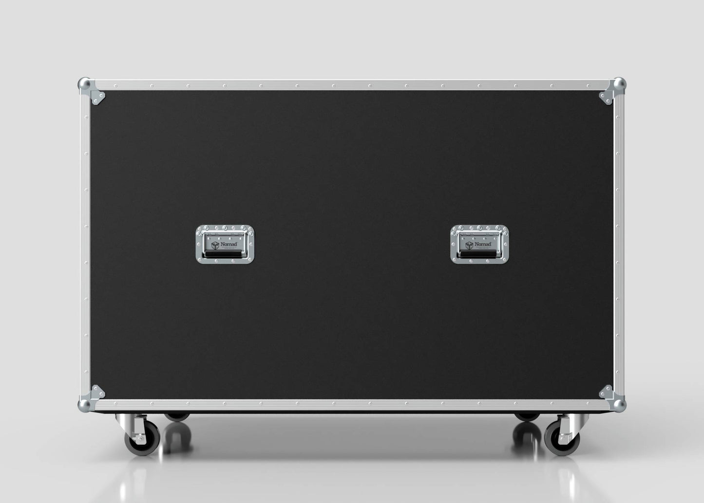 The Washing Machine And Tumble Dryer Case is a large black equipment case (1512 x 1062 x 1067 mm) with two metal handles and four caster wheels, displayed against a plain light gray background.
