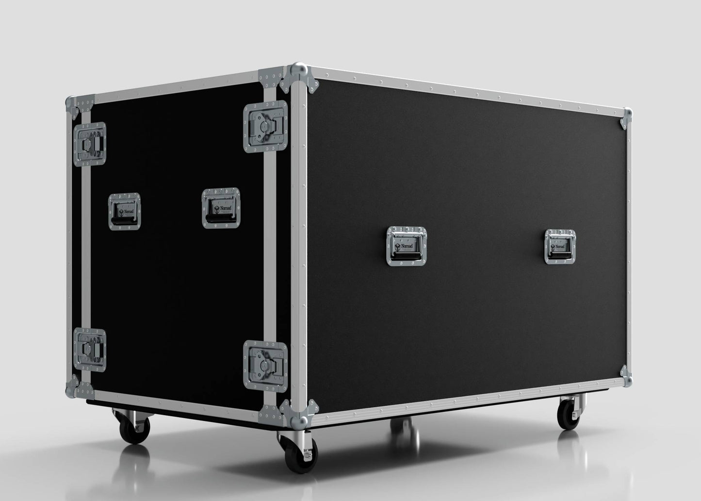 The Washing Machine And Tumble Dryer Case is a large black case with silver metal edges, reinforced corners, handles, latches, and four wheels. Its external dimensions are 1512 x 1062 x 1067 mm, shown against a plain light background.