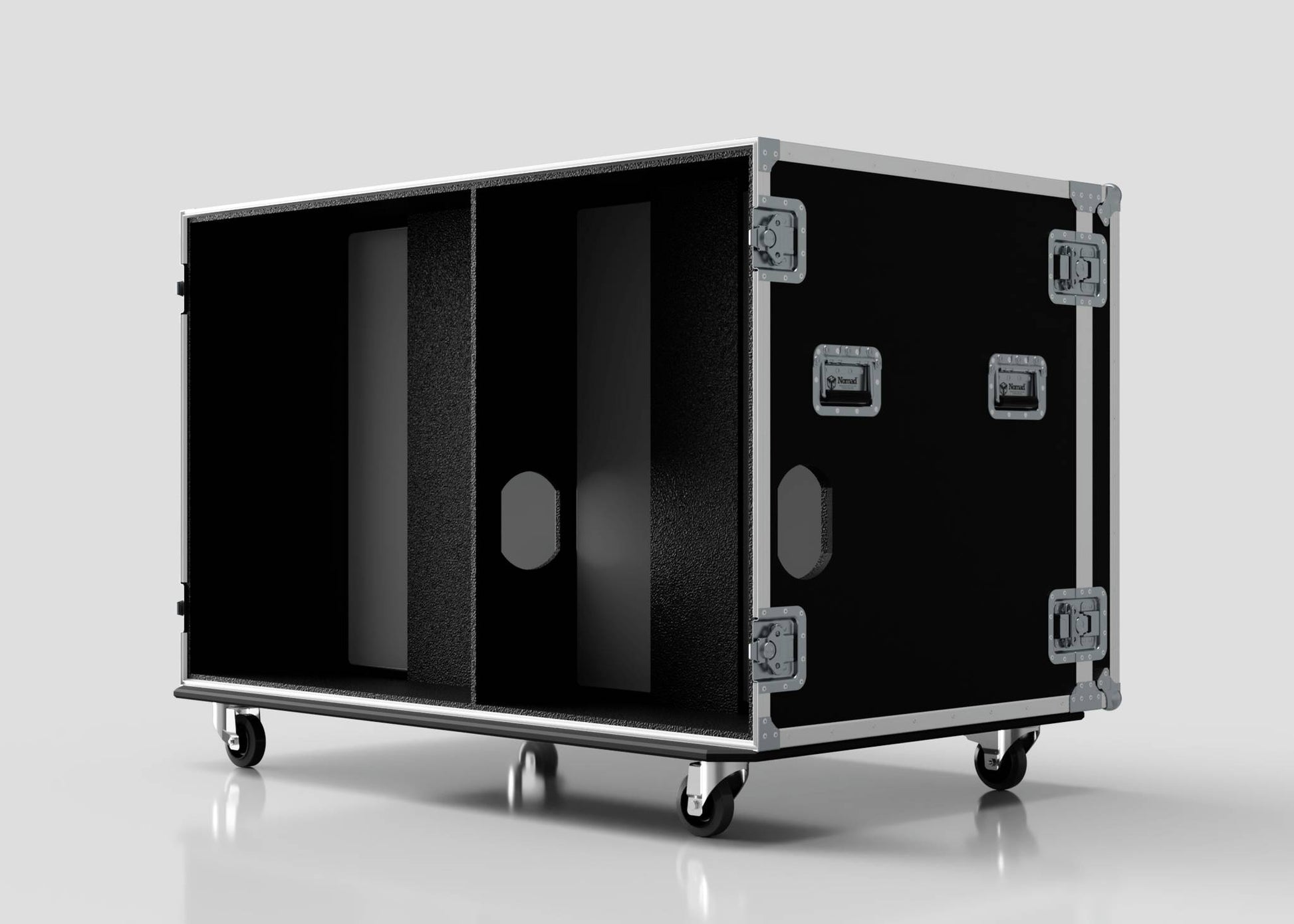 The Washing Machine And Tumble Dryer Case is a black rectangular road case with metal edges, four latches, two handles, caster wheels, an open front showing two vertical compartments; external dimensions are 1512 x 1062 x 1067 mm.