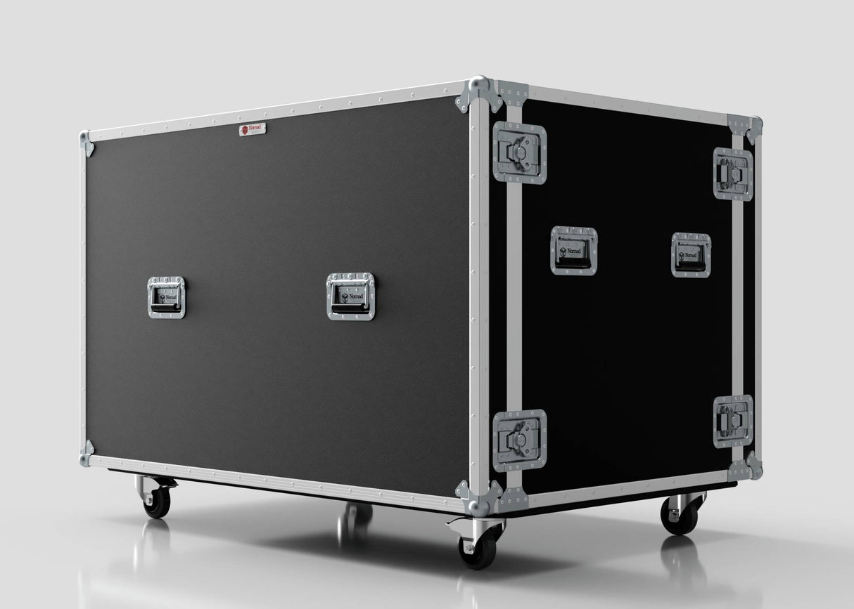 Washing Machine And Tumble Dryer Case in black and silver with metal edges, four handles, metal latches, and caster wheels; external dimensions: 1512 x 1062 x 1067 mm; shown on a plain light background.