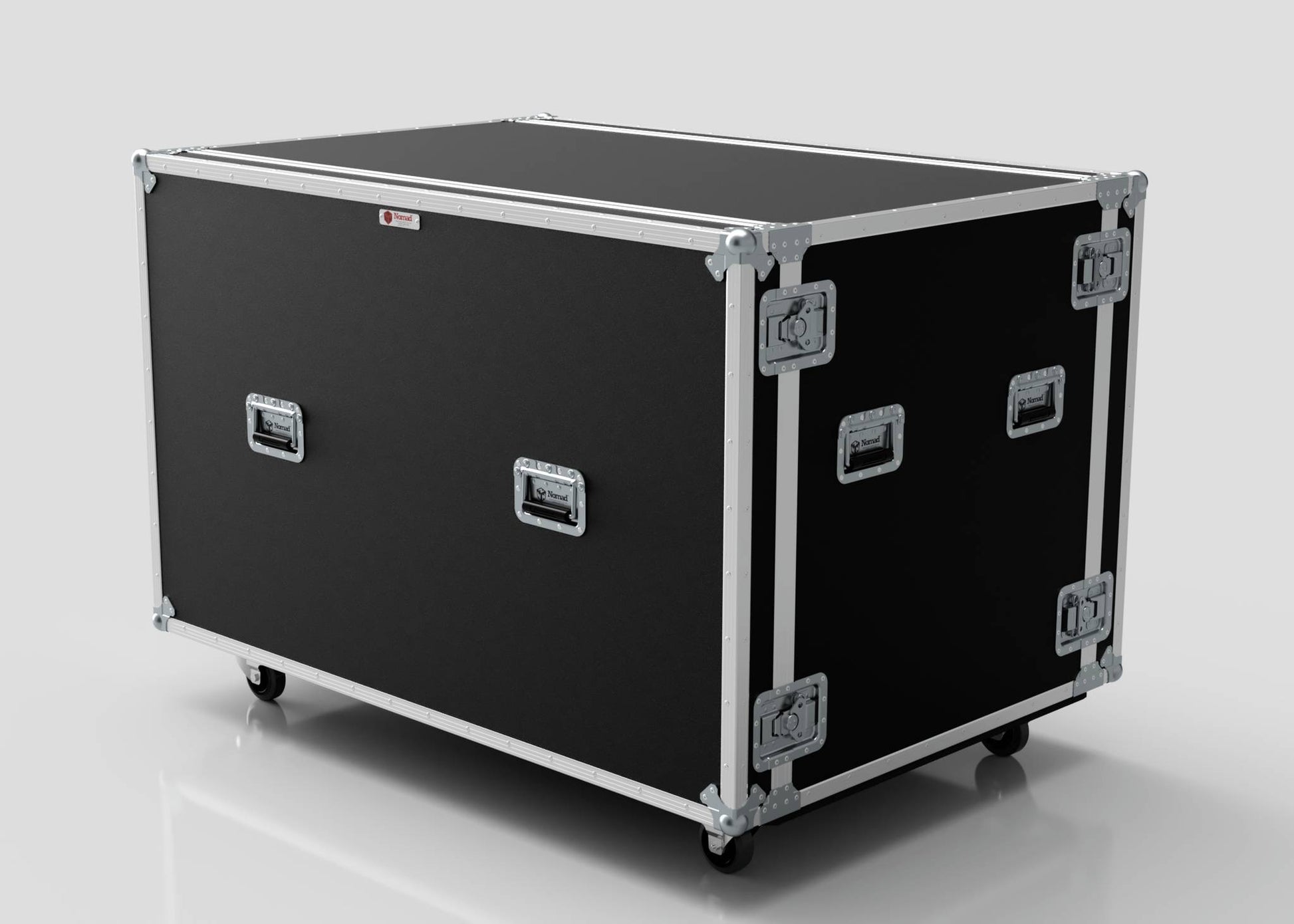 The Washing Machine And Tumble Dryer Case is a large black road case with metal edges, handles, latches, and wheels for transporting equipment. Its external dimensions are 1512 x 1062 x 1067 mm.