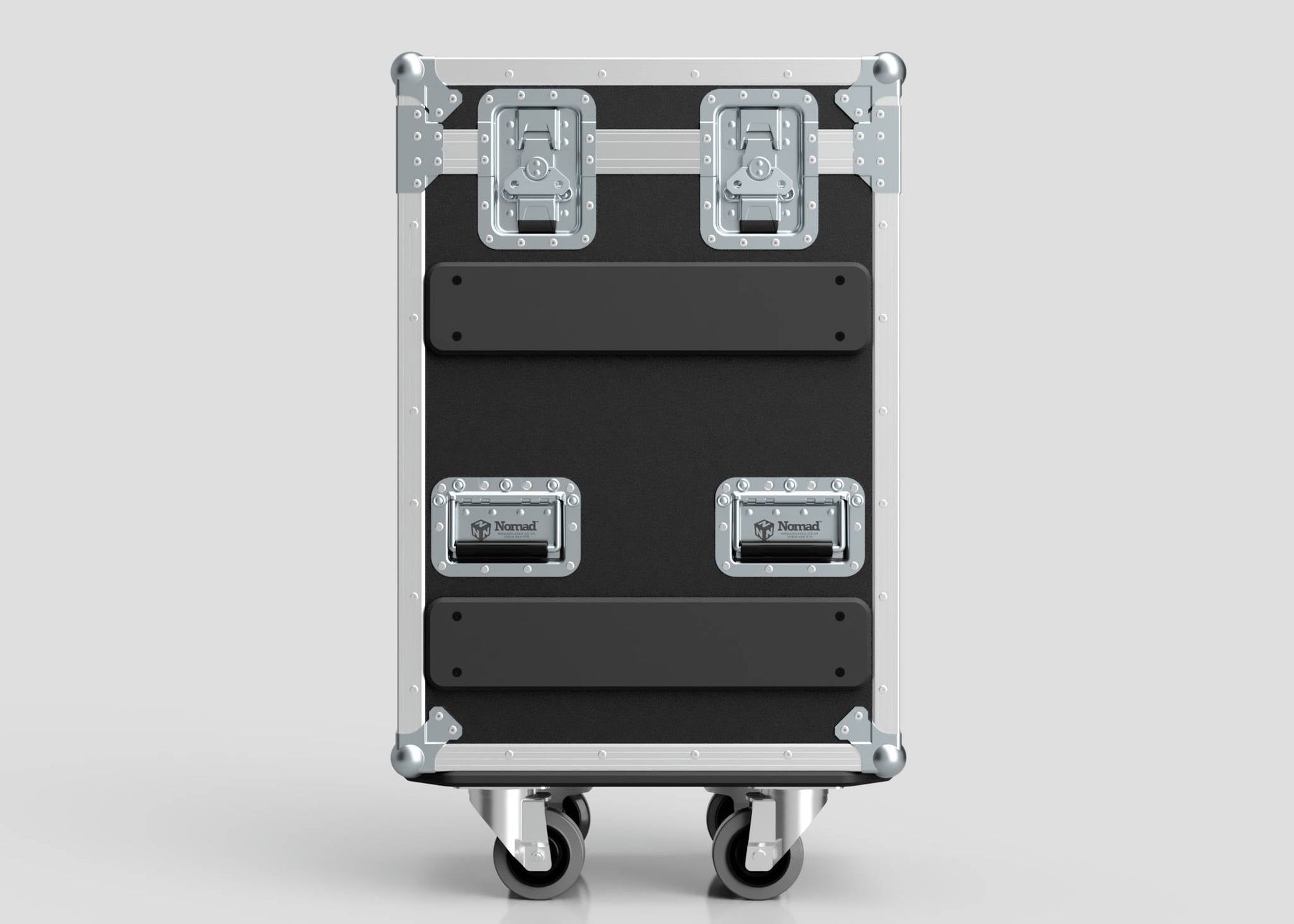 A Yamaha DM7 Compact Case in black and silver, featuring metal corner protectors, two top latches, two lower handles, and a smooth flat front.