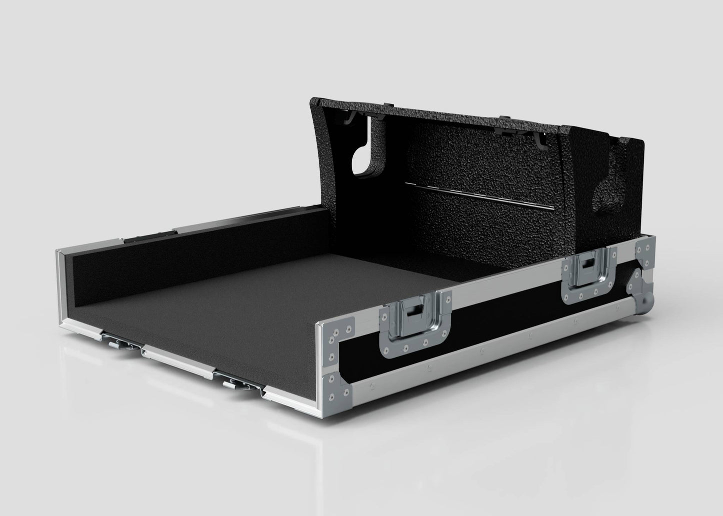 A Yamaha DM7 Compact Case in black and silver, featuring a hard shell, open hinged lid, foam interior, and metal-reinforced edges and latches.