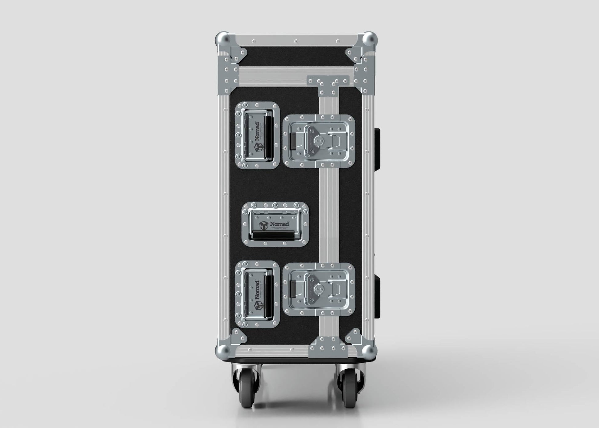The Yamaha DM7 Case, a black and silver birch panel flight case with metal reinforcements, handles, and latches, stands upright on wheels against a plain background.