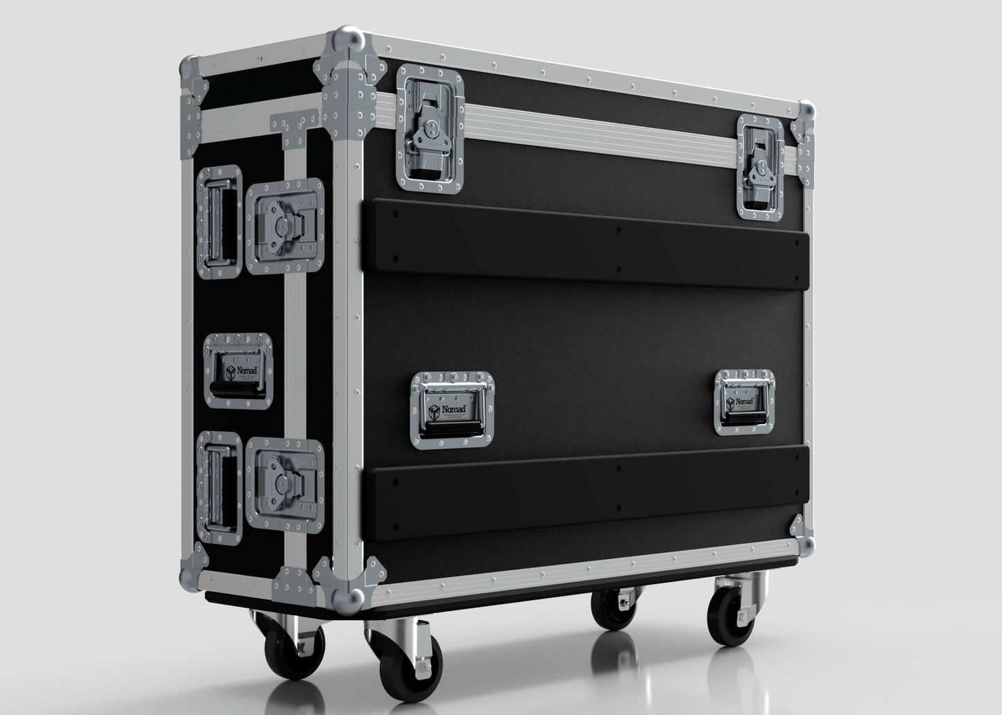 The Yamaha DM7 Case is a black birch panel flight case with metal reinforcements, multiple latches, handles, and wheels, designed to transport and protect your equipment.