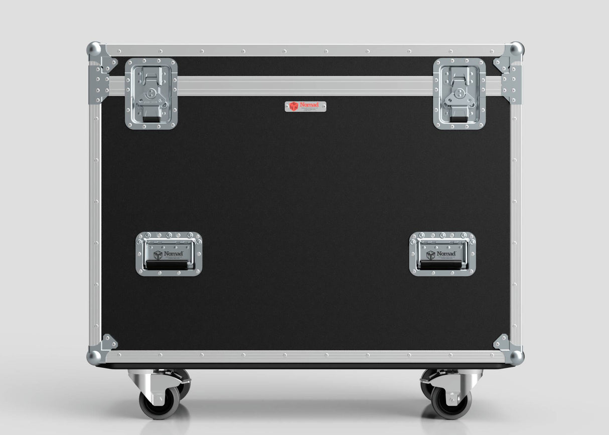 The Yamaha DM7-EX Compact Flight Case, a heavy-duty black and silver 3-part touring case with metal corners, latches, handles, and four caster wheels, stands against a plain background.