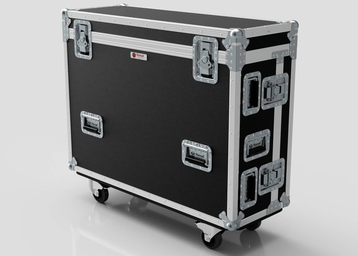 The Yamaha DM7-EX Compact Flight Case is a heavy-duty, 3-part touring case with a black rectangular design, metal reinforcements, handles, corner protectors, and four caster wheels—ideal for professional audio touring.