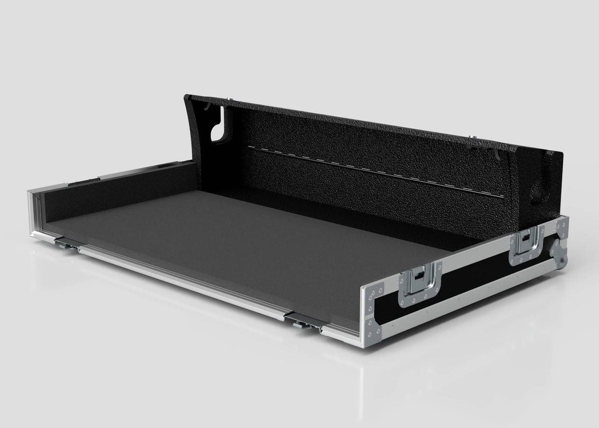 The Yamaha DM7-EX Compact Flight Case, a black hard-shell audio case with silver metal edges and latches, is open to show its flat base and upright back. This heavy-duty 3-part touring case is designed for professional use.