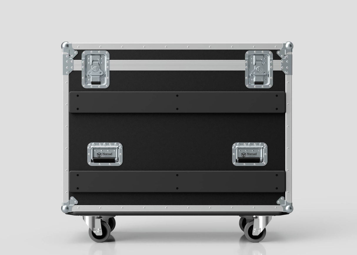 The Yamaha DM7-EX Compact Flight Case is a heavy-duty, 3-part black touring case on wheels with metal edges, reinforced corners, and four latches, displayed against a plain light background.