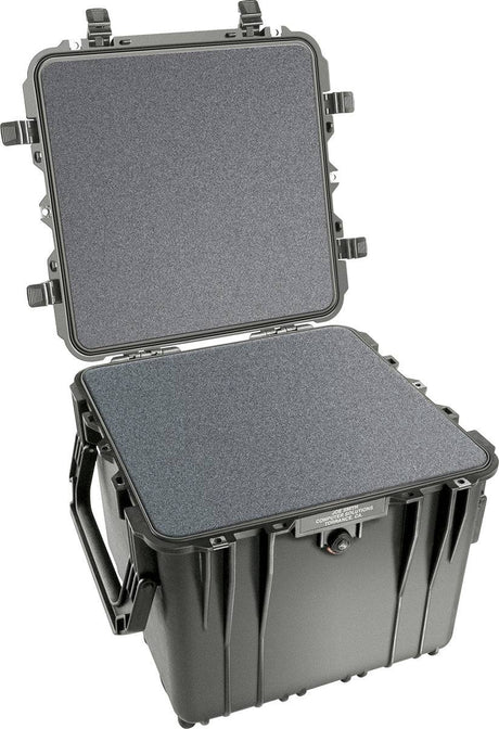 The PELI 0340 Protector Cube Case is a black hard plastic case with a hinged, open lid, foam-lined interior, and side handle, providing trusted watertight and crushproof protection.