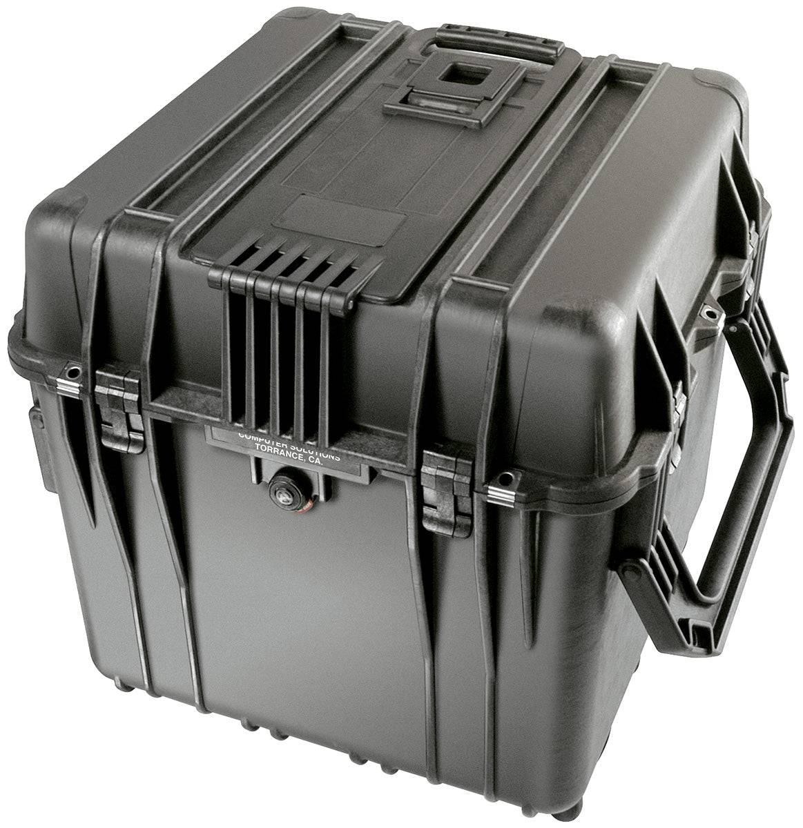 The 0340 Protector Cube Case is a large black case with a handle and secure latches, offering crushproof, watertight protection and rugged durability for safe equipment storage and transport.