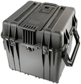 The 0340 Protector Cube Case is a large black case with a handle and secure latches, offering crushproof, watertight protection and rugged durability for safe equipment storage and transport.