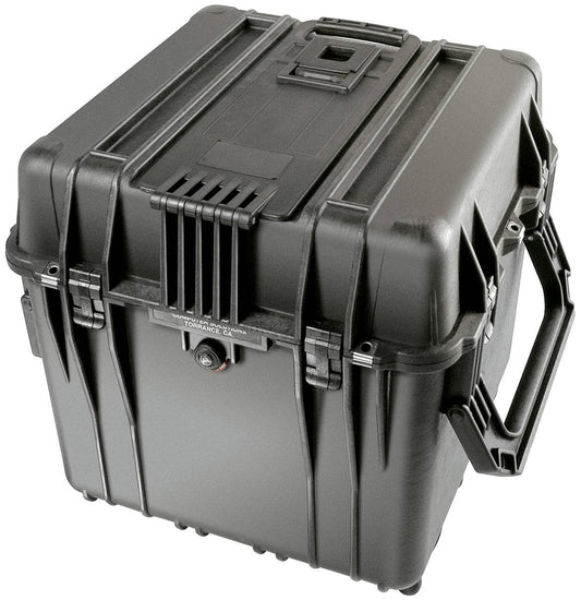 The 0340 Protector Cube Case is a large black case with a handle and secure latches, offering crushproof, watertight protection and rugged durability for safe equipment storage and transport.