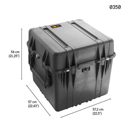 The black hard plastic 0350 Protector Cube Case features side and front handles, secure latches, and measures 54 x 57 x 57.2 cm (21.25 x 22.43 x 22.5"). This watertight case offers maximum protection for your valuables.