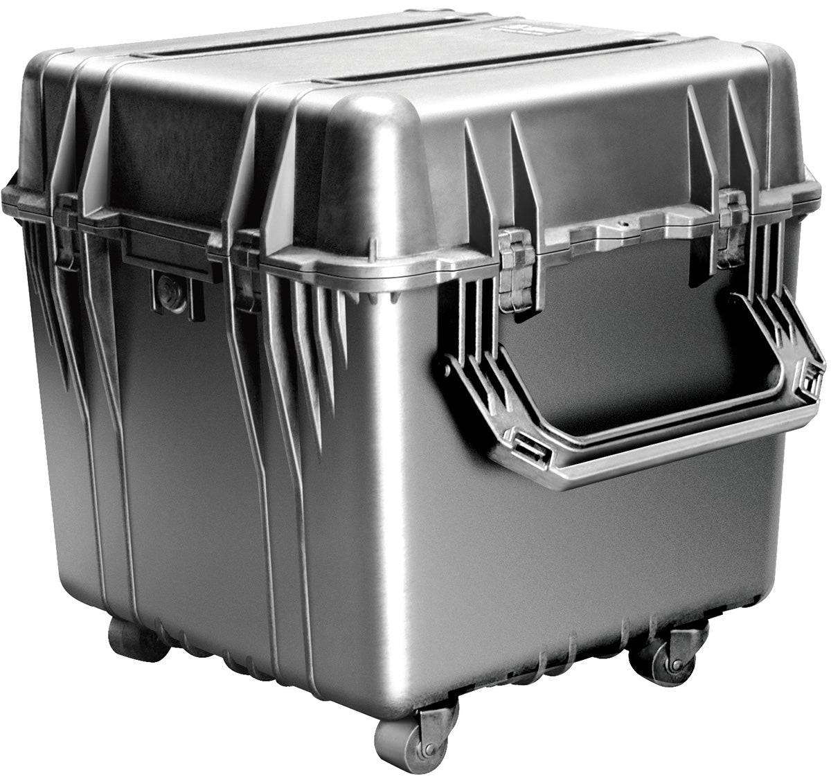 The 0350 Protector Cube Case is a rugged, hard-shell case with reinforced edges, a large handle, wheels for easy transport, and a watertight design to keep your gear safe in any condition.