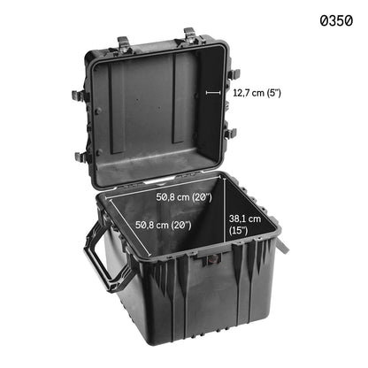 Open black 0350 Protector Cube Case, dimensions 50.8 x 50.8 x 38.1 cm (20 x 20 x 15 in), lid height 12.7 cm (5 in). This crushproof case provides rugged protection for your valuables.