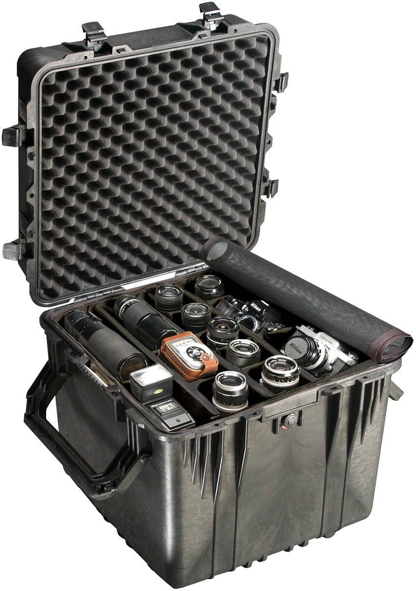 The 0350 Protector Cube Case features a hard-shell, crushproof, and watertight design with foam lining and organized compartments for cameras, lenses, and accessories.