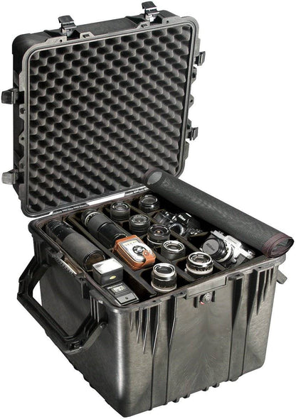 The 0350 Protector Cube Case features a hard-shell, crushproof, and watertight design with foam lining and organized compartments for cameras, lenses, and accessories.