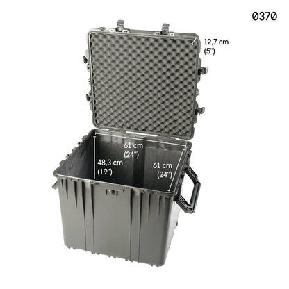 Open black 0370 Protector Cube Case with foam padding, interior dimensions 61 x 61 x 48.3 cm, and lid depth of 12.7 cm. Model number shown top right. This watertight case provides maximum protection.