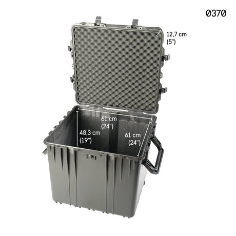 Open black 0370 Protector Cube Case with foam padding, interior dimensions 61 x 61 x 48.3 cm, and lid depth of 12.7 cm. Model number shown top right. This watertight case provides maximum protection.