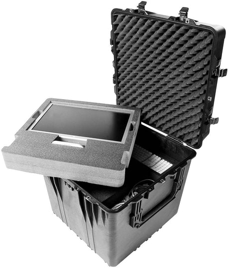 A 0370 Protector Cube Case with foam padding is open, showing a securely stored flat rectangular electronic device, such as a tablet or monitor, inside.