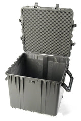 The 0370 Protector Cube Case is a large, hard plastic PELI case with an open hinged lid, featuring foam padding inside the top and an empty main compartment; its crushproof design keeps your gear protected.