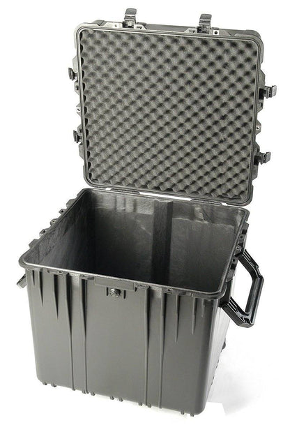 The 0370 Protector Cube Case is a large, hard plastic PELI case with an open hinged lid, featuring foam padding inside the top and an empty main compartment; its crushproof design keeps your gear protected.