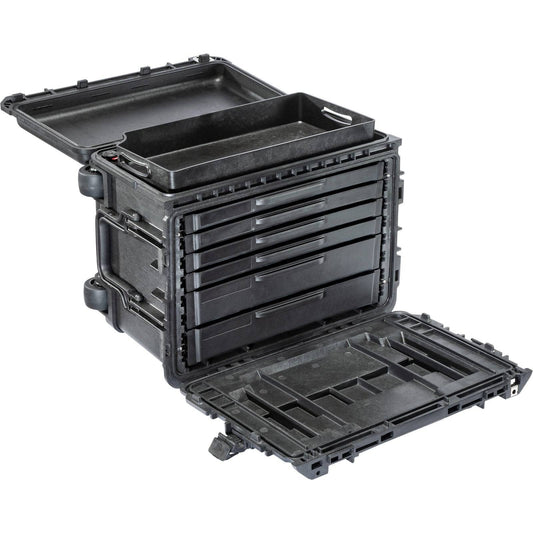 The 0450 Protector Mobile Tool Chest is a black hard-shell case with an open lid and front panel, offering multiple removable drawers and compartments for organized tool storage.