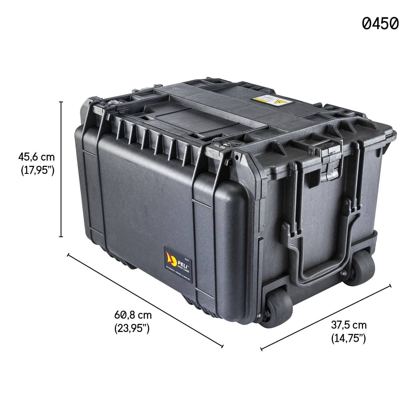 The 0450 Protector Mobile Tool Chest is a black hard-shell case with handles and latches, sized 60.8 x 37.5 x 45.6 cm. It features removable tool drawers and has the model number 0450 at the top right.