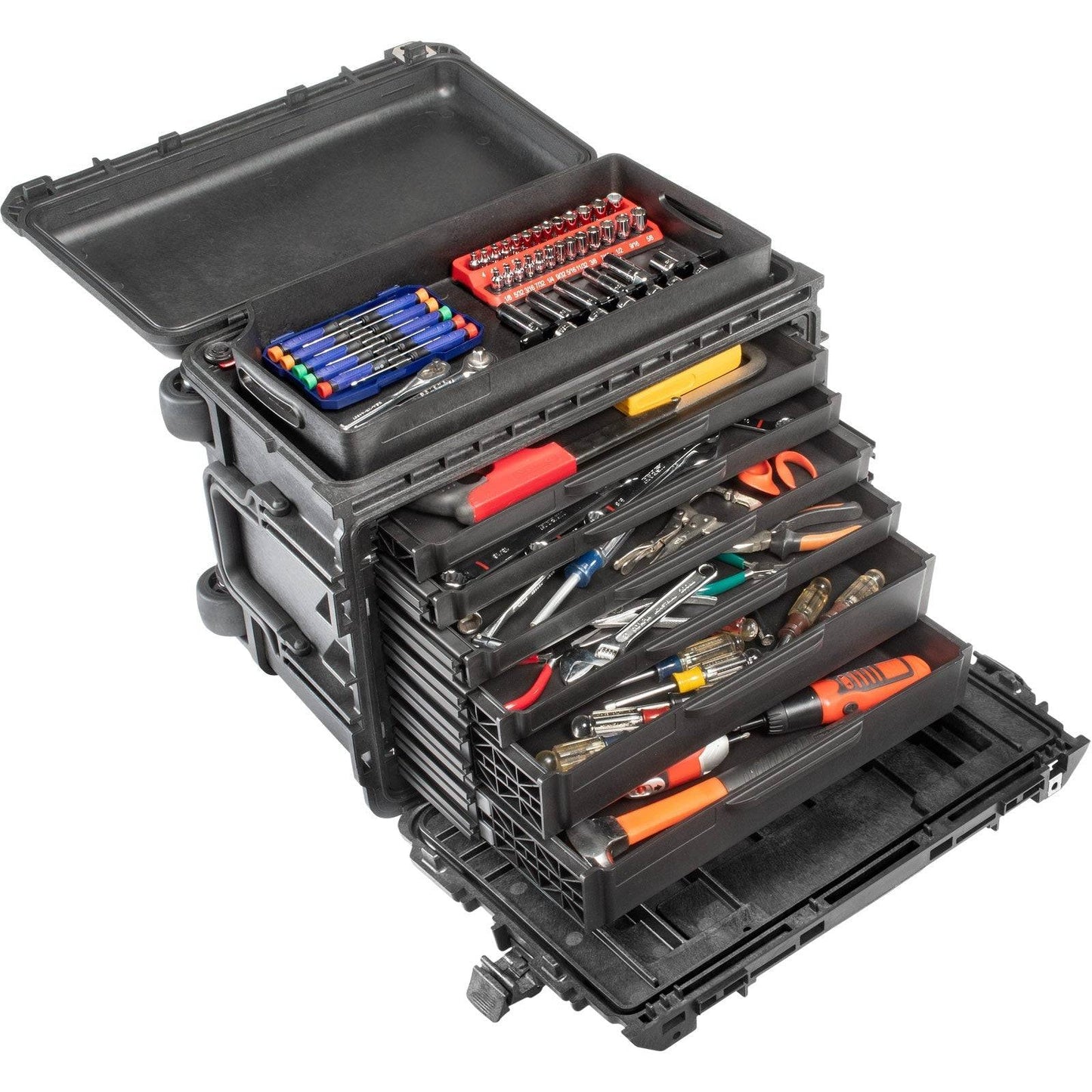 The 0450 Protector Mobile Tool Chest is a black hard-shell case featuring four open, removable drawers that neatly organize assorted screwdrivers, pliers, wrenches, and small hand tools on an aluminum rail slide system.